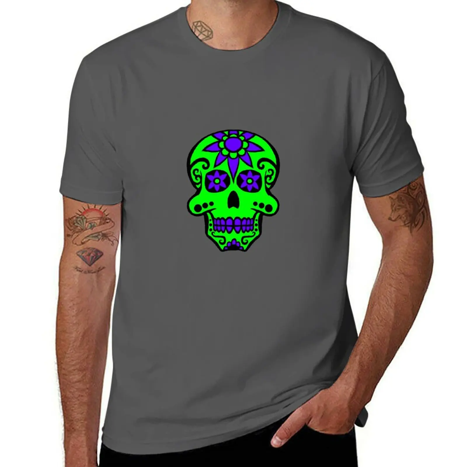 Day of the Dead skull 2 green and purple T-Shirt UV Sun Protection Tee Shirt