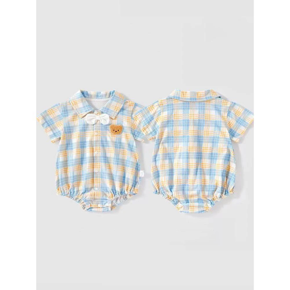 

Summer Baby Plaid Onesie Cute Bear Patch Lapel Collar Bodysuit Newborn Short-Sleeve Clothes for Boys and Girls