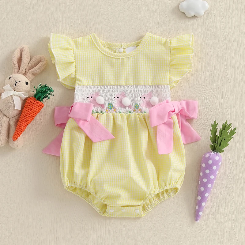 2025-01-09 Lioraitiin Baby Girls Rompers Easter Clothes Rabbit Embroidery Plaid Fly Sleeve Summer Bodysuits Jumpsuits