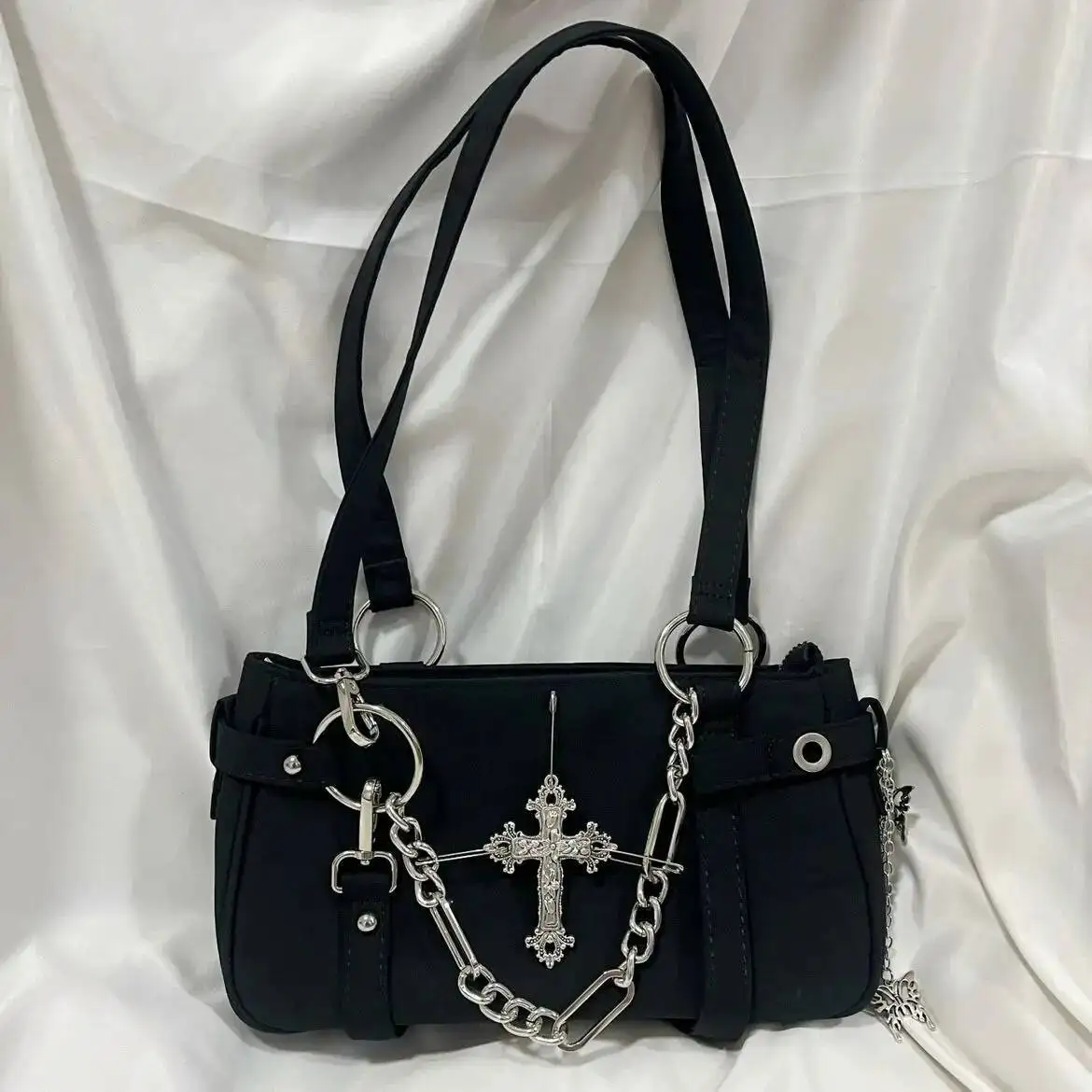 

Bloom Gothic Cross Y2k Women Vintage Grunge Punk Chain Casual Shoulder Bag Female Retro Moto Biker Black Handbag Aesthetic
