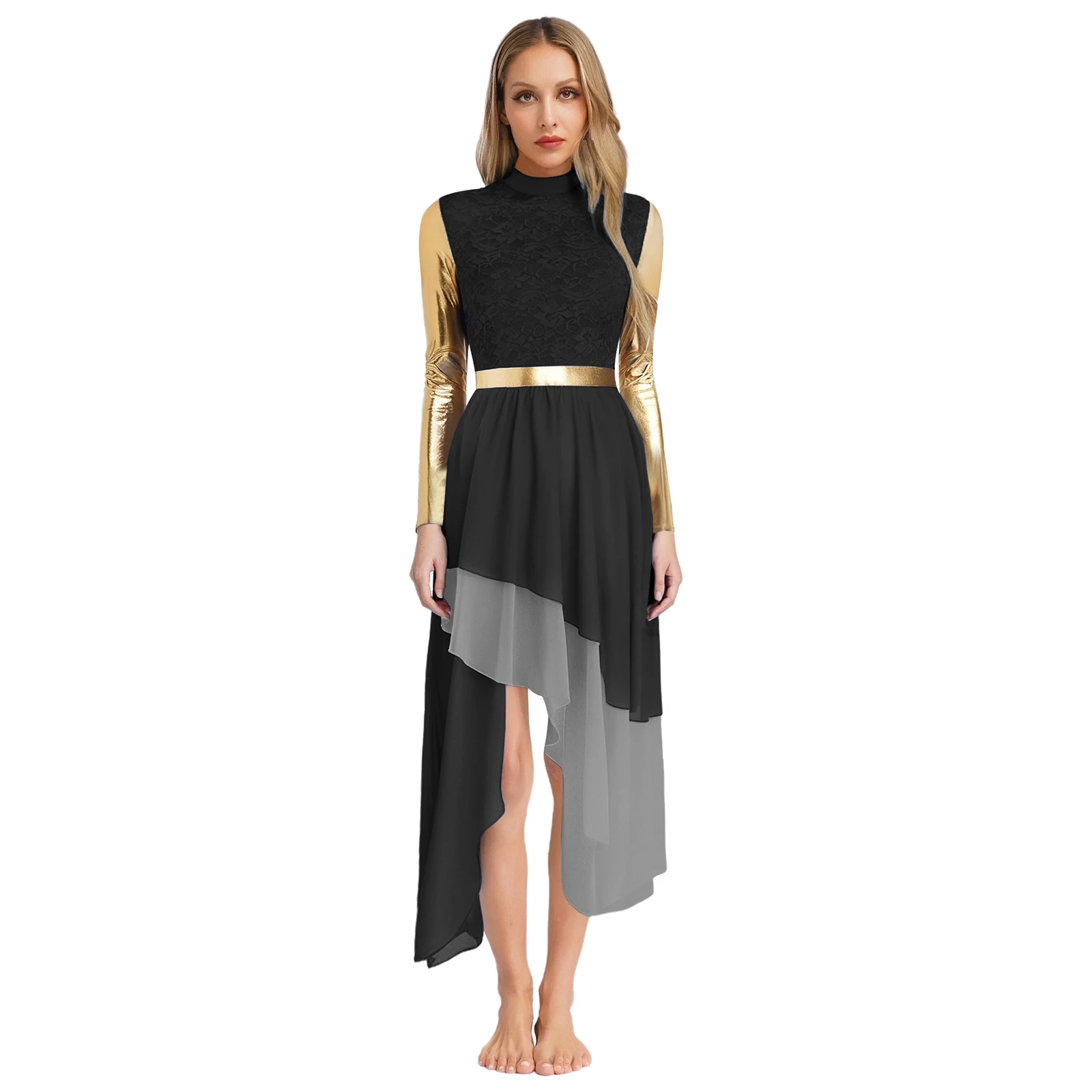 

Womens Lyrical Dance Dress Dress Metallic Shiny Tiered Asymmetric Chiffon Dress for Modern Liturgical Praise Dance Performance