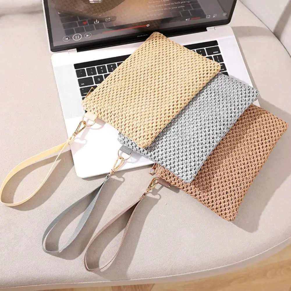 Grass Woven Long Wallet Fashion Solid Color Wrist Strap Braided Bag Large-capacity Coin Purses Woman