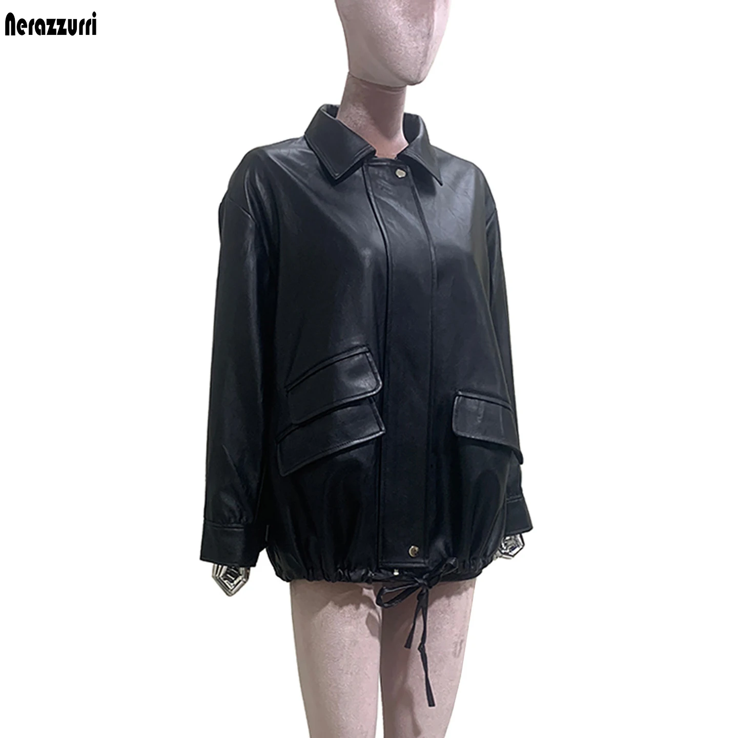 Nerazzurri Autumn Oversized Brown Soft Pu Leather Jacket Women Zipper Turn-Down Collar Loose Casual Korean Fashion Clothes 2026