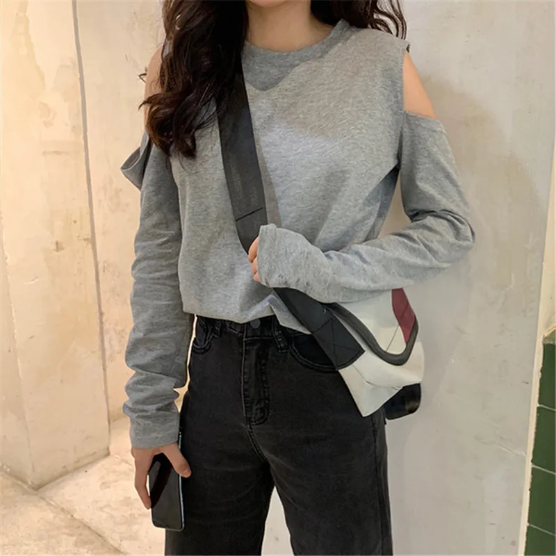 

Korean Style Y2k Tide Hedging New Chic Off-shoulder Top Women's Fall Loose Long-sleeved Short Sweater Hong Kong Style Streetwear