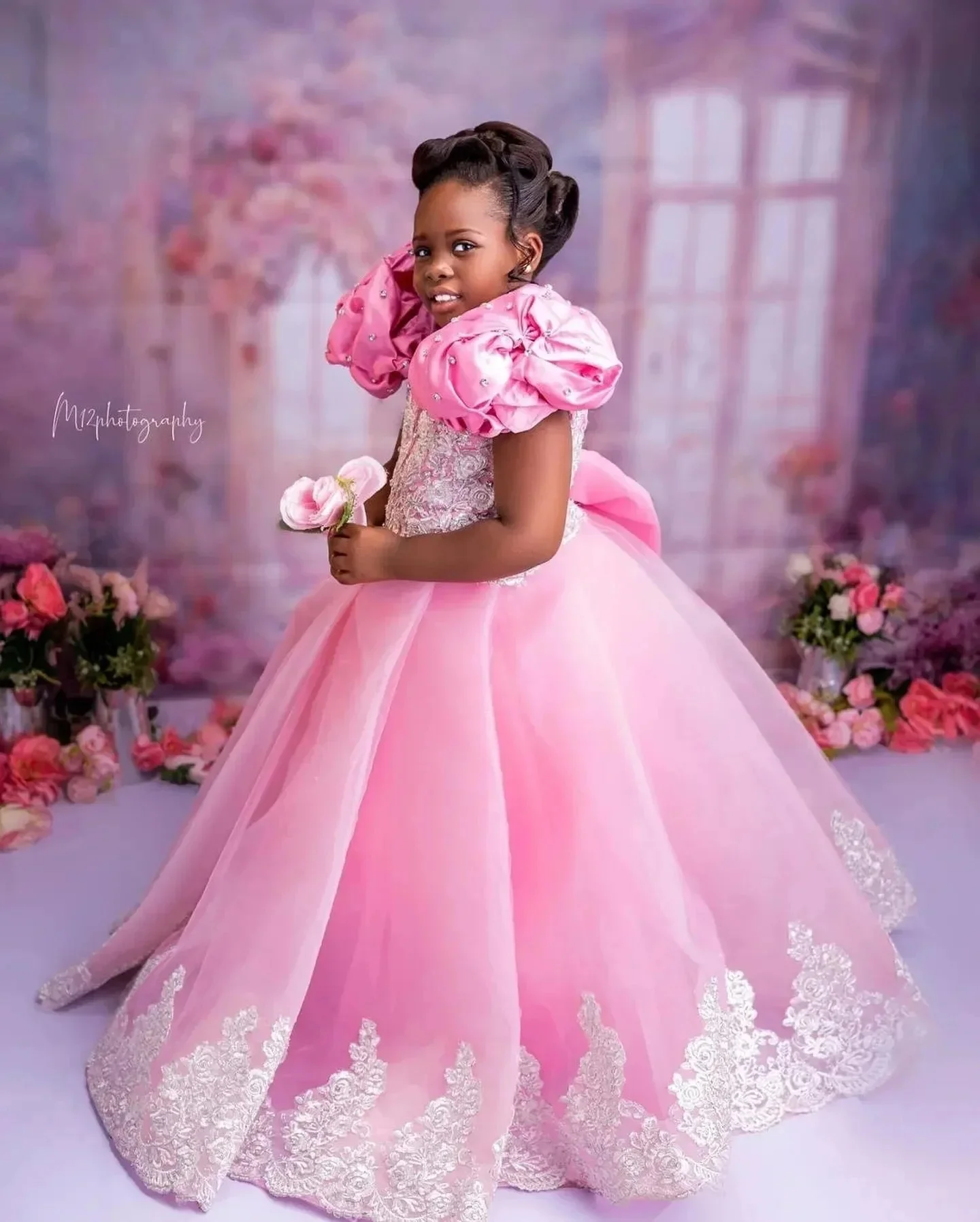 Розовые платья с цветочным узором для девочек по индивидуальному заказу на свадьбу, великолепные аппликации длиной до пола, детское платье принцессы для выпускного вечера на день рождения