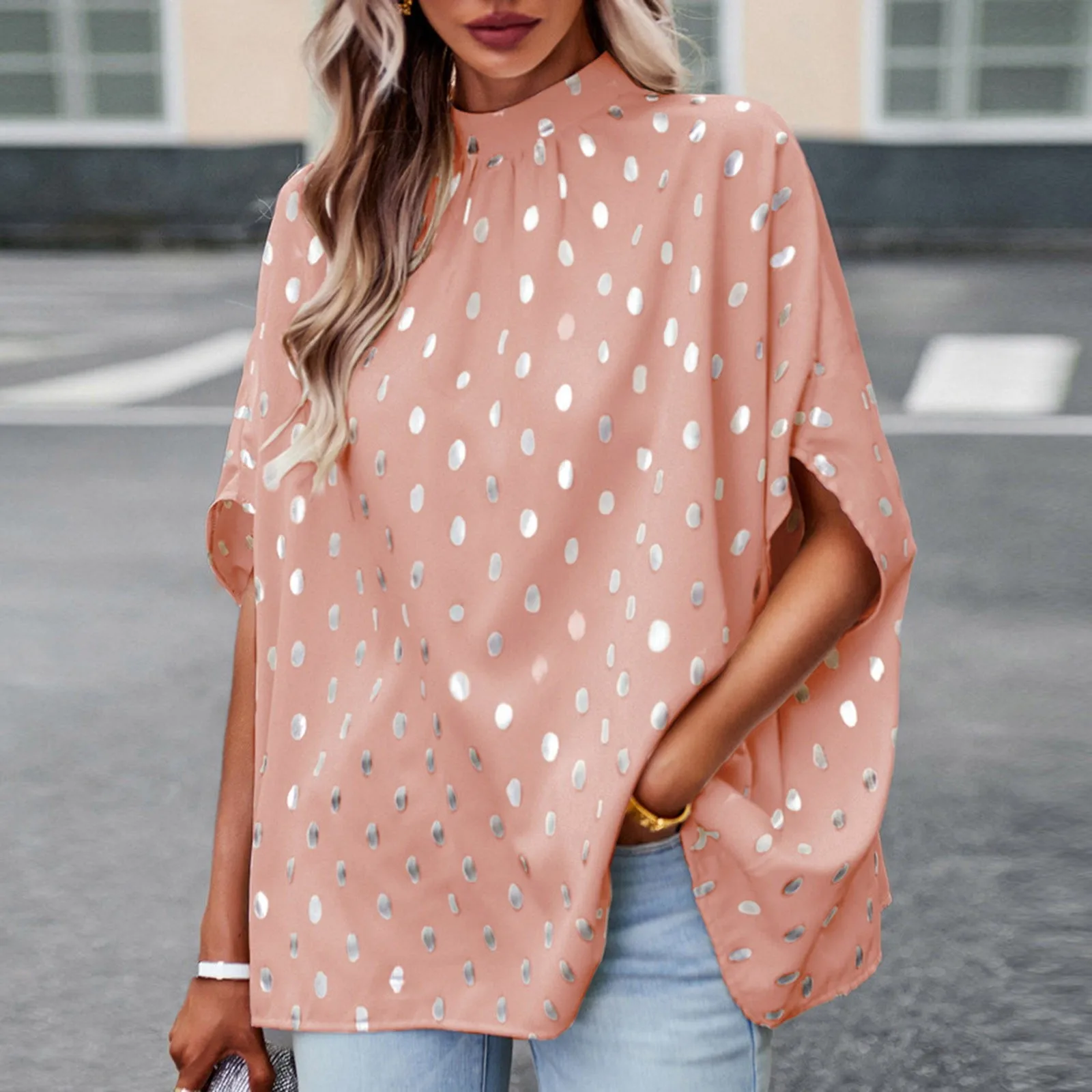 بلوزة نسائية فضفاضة منقطة مطبوعة ، بلوفر بأكمام خفاش ، دانتيل خلفي ، ياقة قائمة صغيرة ، قمصان مطوية ، كاجوال ، جديد
