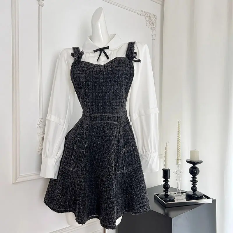 Japanese 2 Piece Dress Sets Women Bow Dress Shorts Set Lolita Sweet Long Sleeve Shirt Dresses Suits Kawaii Lolita Y2k Outfits
