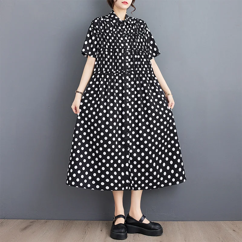 #3484 Black White Polka Dot Printed A-line Shirt Dress Short Sleeve Loose Pockets Vintage Office Midi Dress Female Vestidos Thin