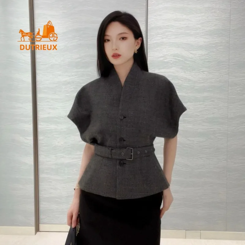 

Autumn Women's Silk Lined Dropped Shoulder Bat Sleeve Belted Suit Jacket, 100% Genuine Wool Atmospheric Fashion Durable Coat