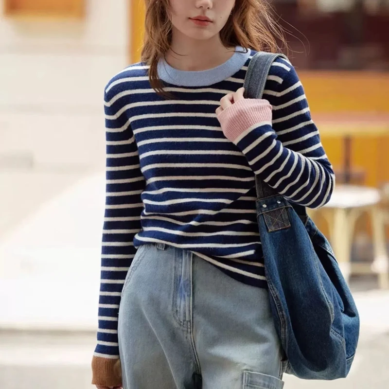 New Spring Autumn Women Spliced pullovers O-Neck Striped Fashion Loose Versatile Minimalist Casual Long-sleeved Knitted Top