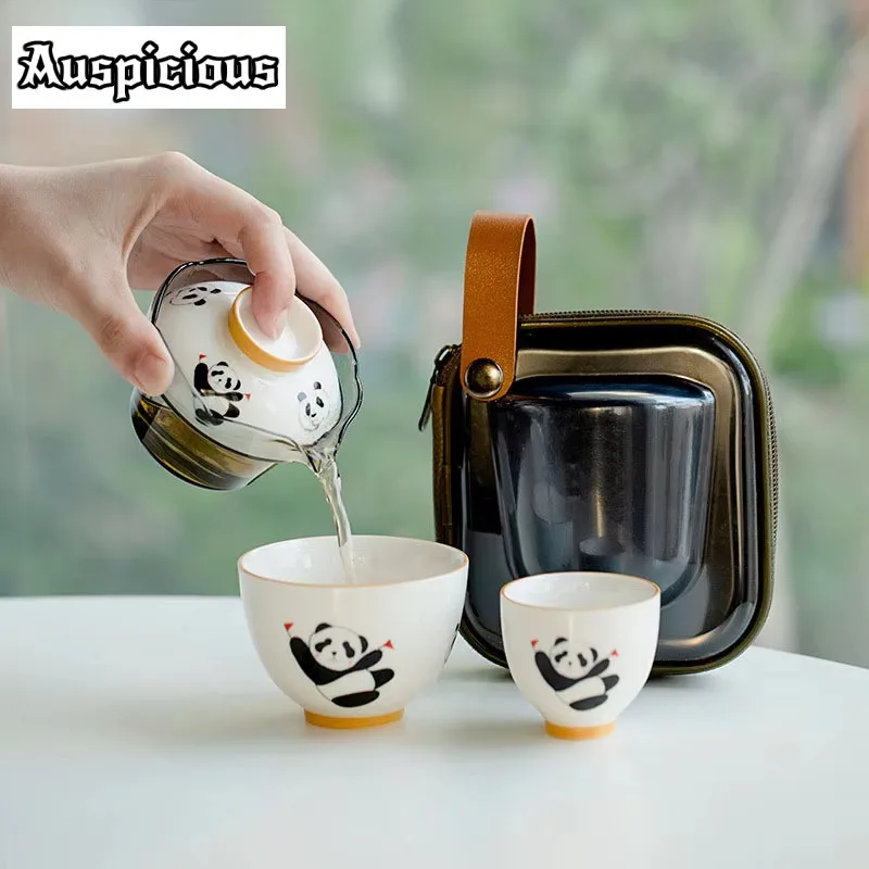 Little Panda Travel Tea Set Outdoor Portable Fast Customer Cup Teapot Ceramic Tea Cup Portable 1 Pot 2 Cups Cute Female Gift Box