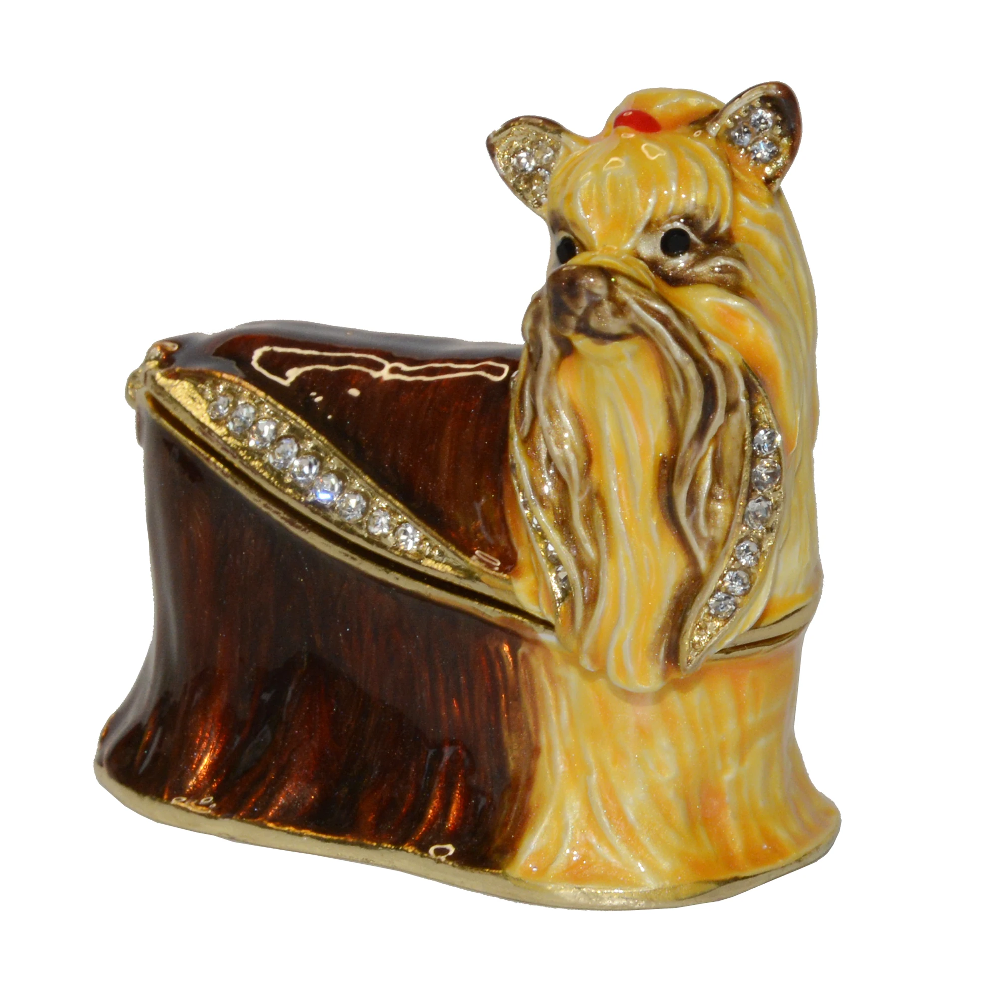 Enameled Yorkshire Terrie Trinket Box Dog Statue Figurine Metal Collectibles Ring Necklace Earring Holder Decor Novelty Gift
