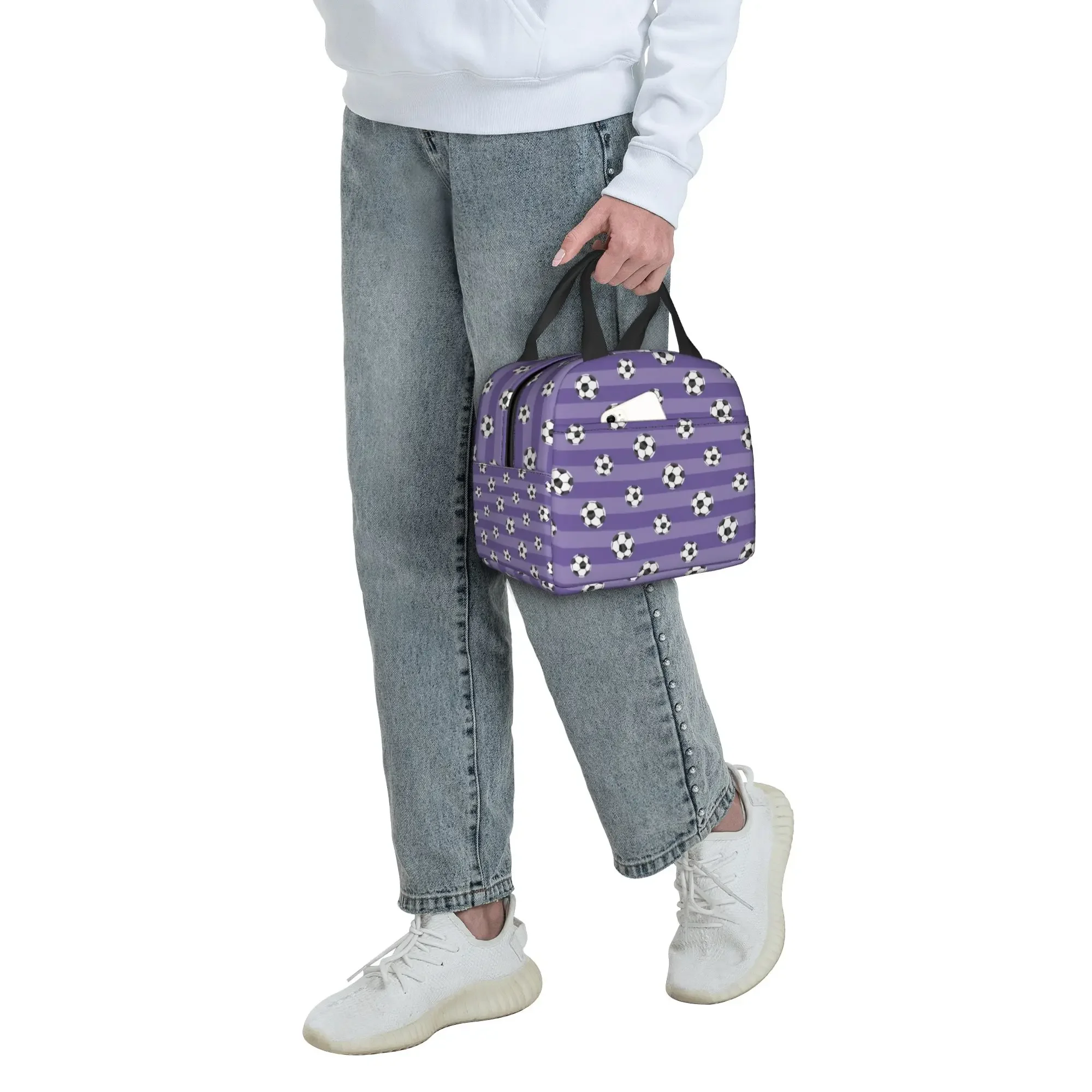 Soccer Balls On Purple Stripe Thermal Insulated Lunch Bag Women Footbally  Resuable Lunch Container for School  Storage Food Box