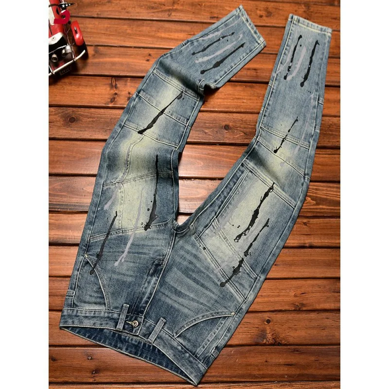 New high-end men biker jeans straight slim fit fashion trend brand print retro vintage casual motorcycle wash street denim pants