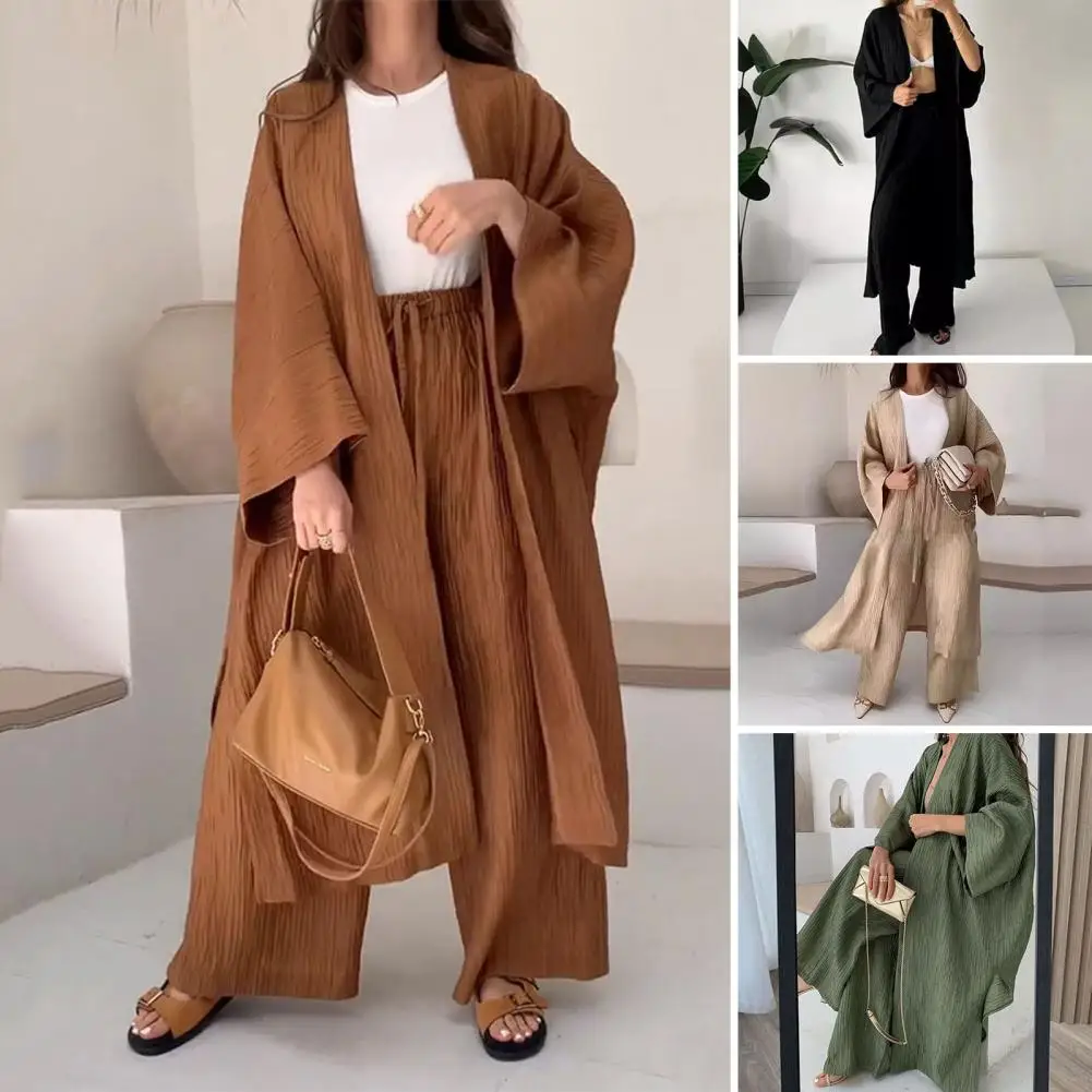 Women Cardigan Pants Suit Women's Cardigan Trousers Set with Loose Pleated Top Wide Leg Pants High Elastic Waist Solid Color