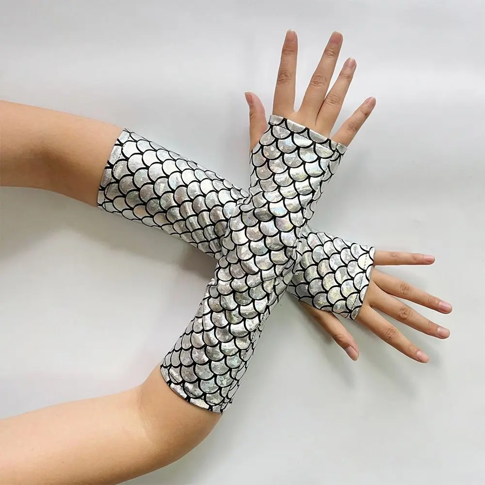 Colorful Design Fish Scale Gloves Long Length Fish Scale Pattern Cosplay Gloves Fashion Personality Arm Sleeves Party Costumes