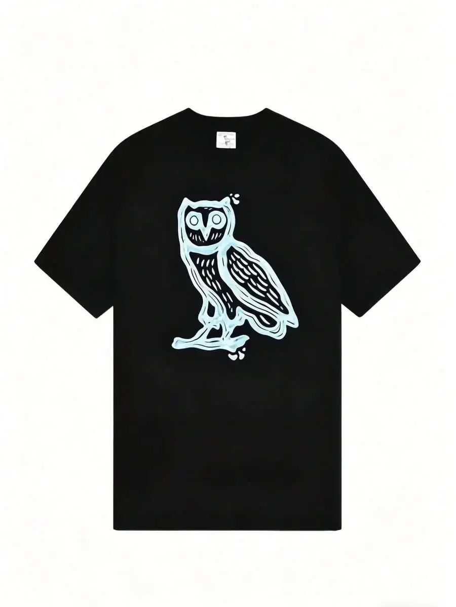 Blue Owl Graphic Abstract Art Street Style T-Shirt, Men'S Casual Short Sleeve T-Shirt, Soft Breathable Crew Neck Tee, Summer Dai