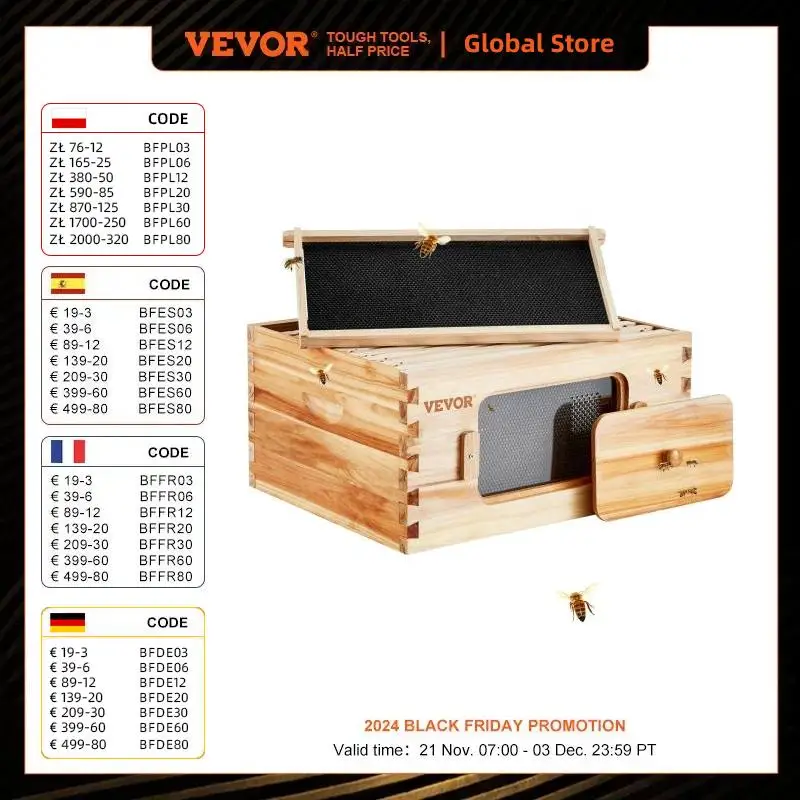 VEVOR Bee Hive Deep Box Starter Kit 100% Beeswax Coated Natural Cedar Wood w/ 10 Frames and Foundations Beginners Pro Beekeepers