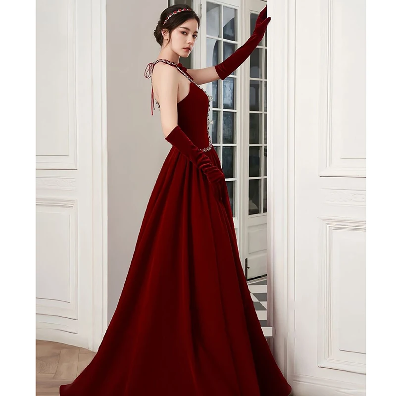 Toast Dress Bride 2024 New Niche High Sense Engagement Wine Red French Halter Women's Evening