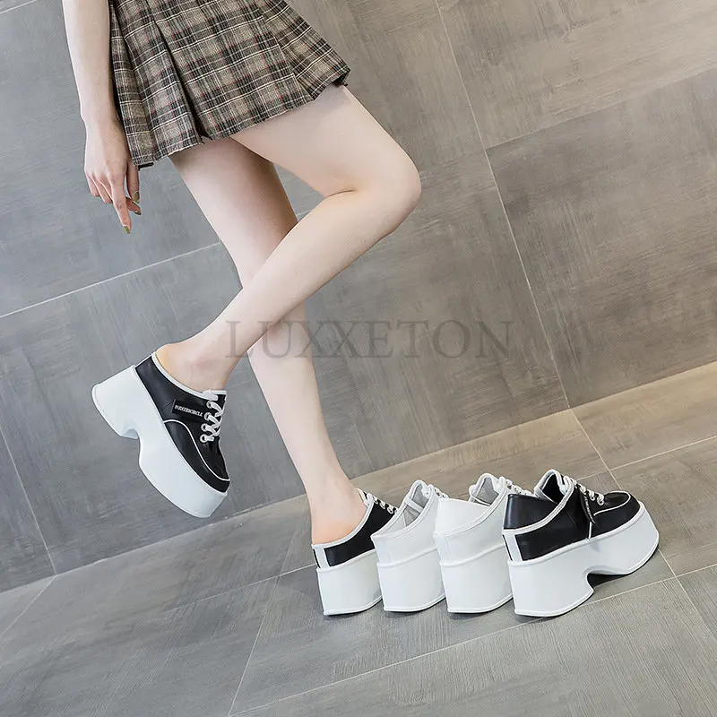 11cm Platform Wedge Casual Punk Genuine Leather Breathable Summer Comfy Chunky Slippers High Brand Fashion Women Shoes