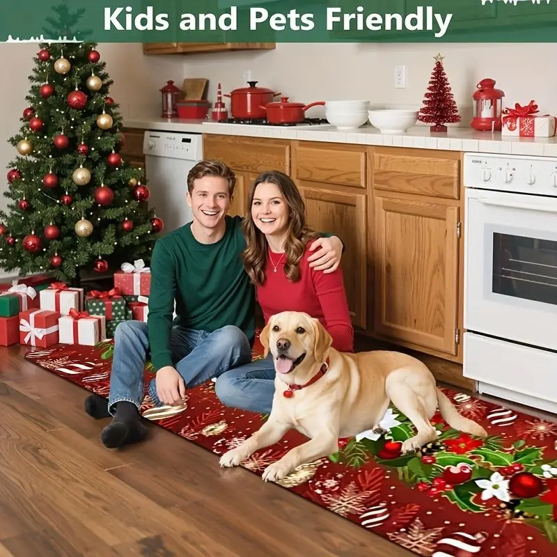 VIKAMA Christmas Floral Runner Rug Poinsettia Holly Ornament Print Non Slip Washable Mat Hallway Entryway Winter Festive Decor