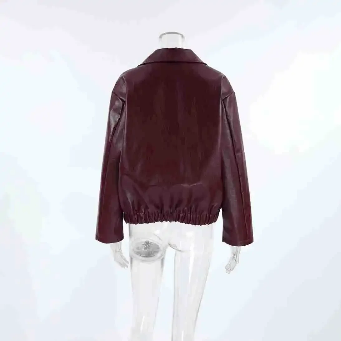 2024 eleganti giacche in ecopelle bordeaux moda donna risvolto cerniera manica lunga cappotti femminili autunno inverno Lady Street Outwear