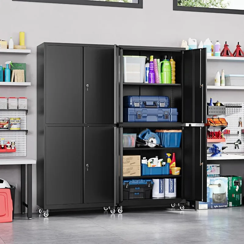 Metal Garage Storage Cabinet with Locking Doors and Adjustable Shelves, Rolling Tool Storage Cabinet with 4 Wheels, 73