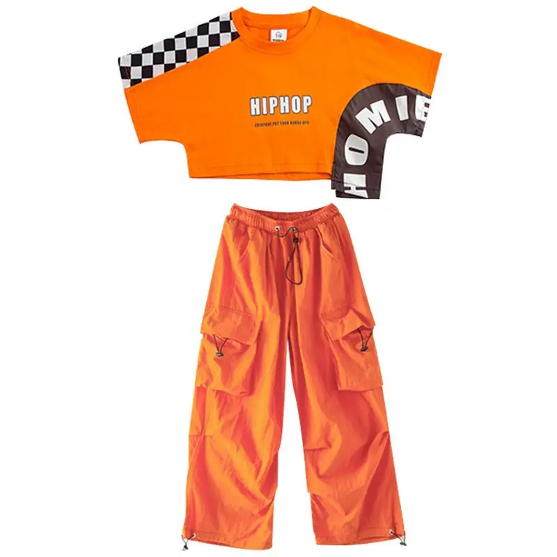 Girls Group Jazz Dance Costumes Orange Top Jogger Pants Kids Cool Hip Hop Clothing Kpop Stage Outfit Street Wear