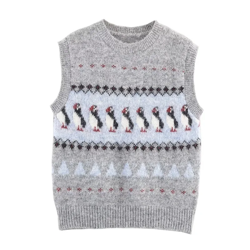 Chaleco de mujer 2025 otoño nuevo estilo Jacquard sin mangas patrón de pingüino Jersey de punto chaleco Casual moda animado y lindo