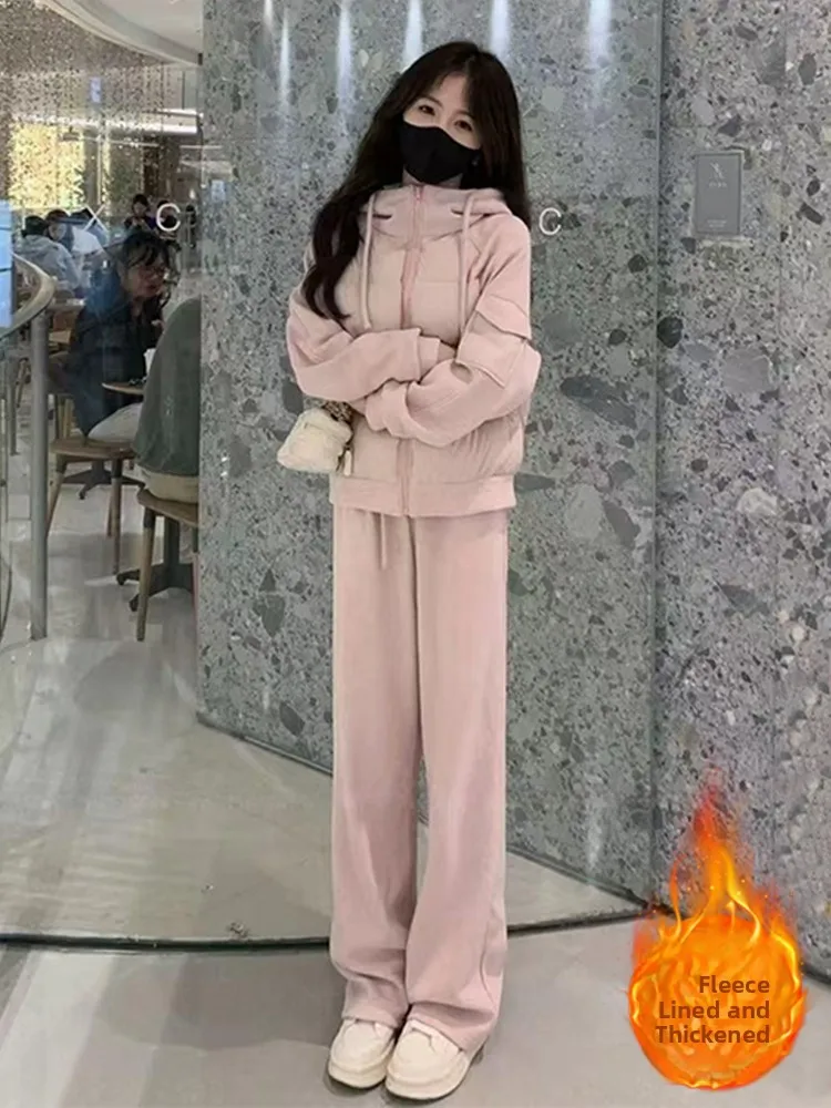 

Faionable Casual Winter Outfit Women's Hooded Jaet And Pants Set Thiened Cotton Padded Warm Zipper Closure Long Sve