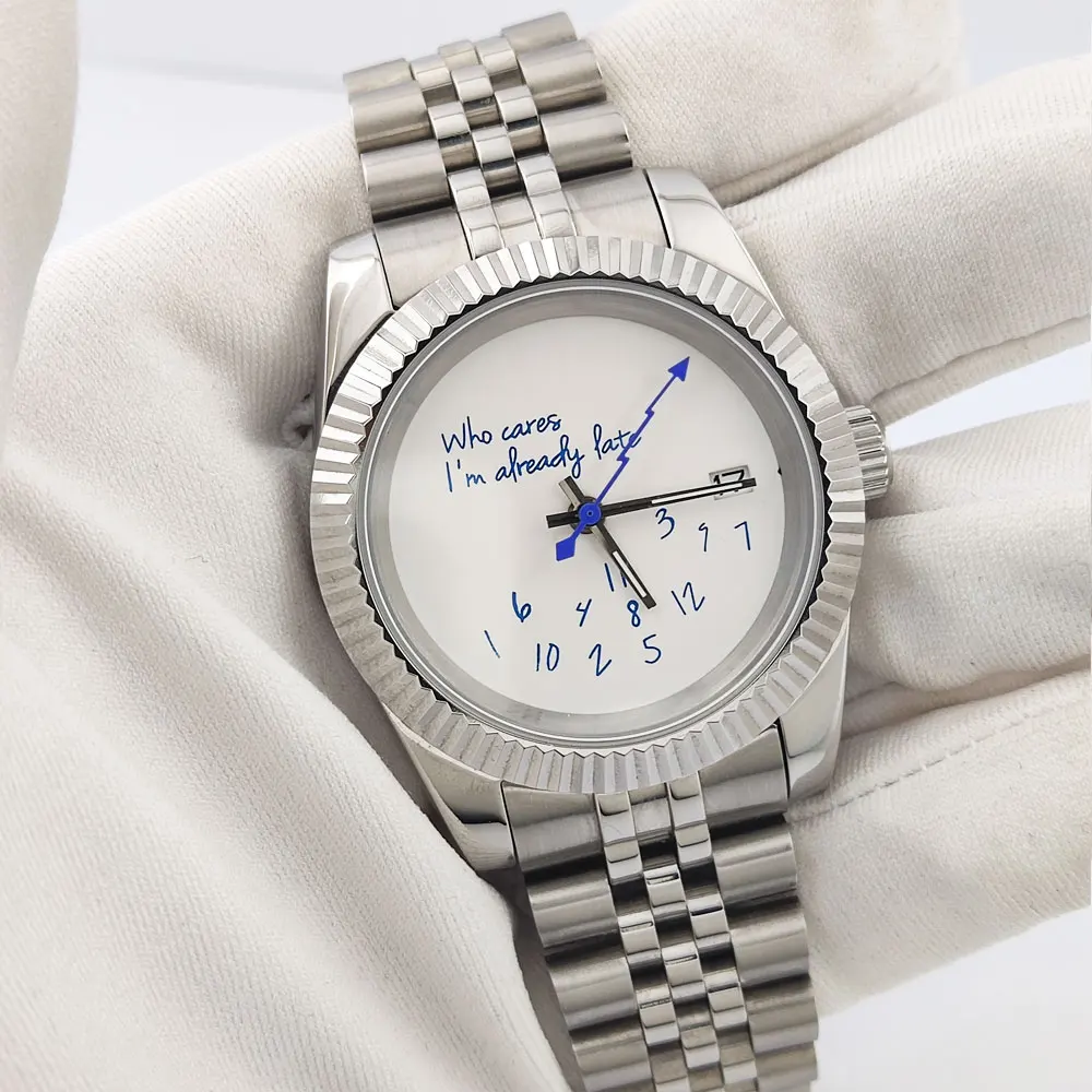 Men Watch NH35 Watch 'Who Cares I'm Already Late' Dial Customized Logo 39mm/36mm Watch NH35 Automatic Movement Sapphire Glass Wa