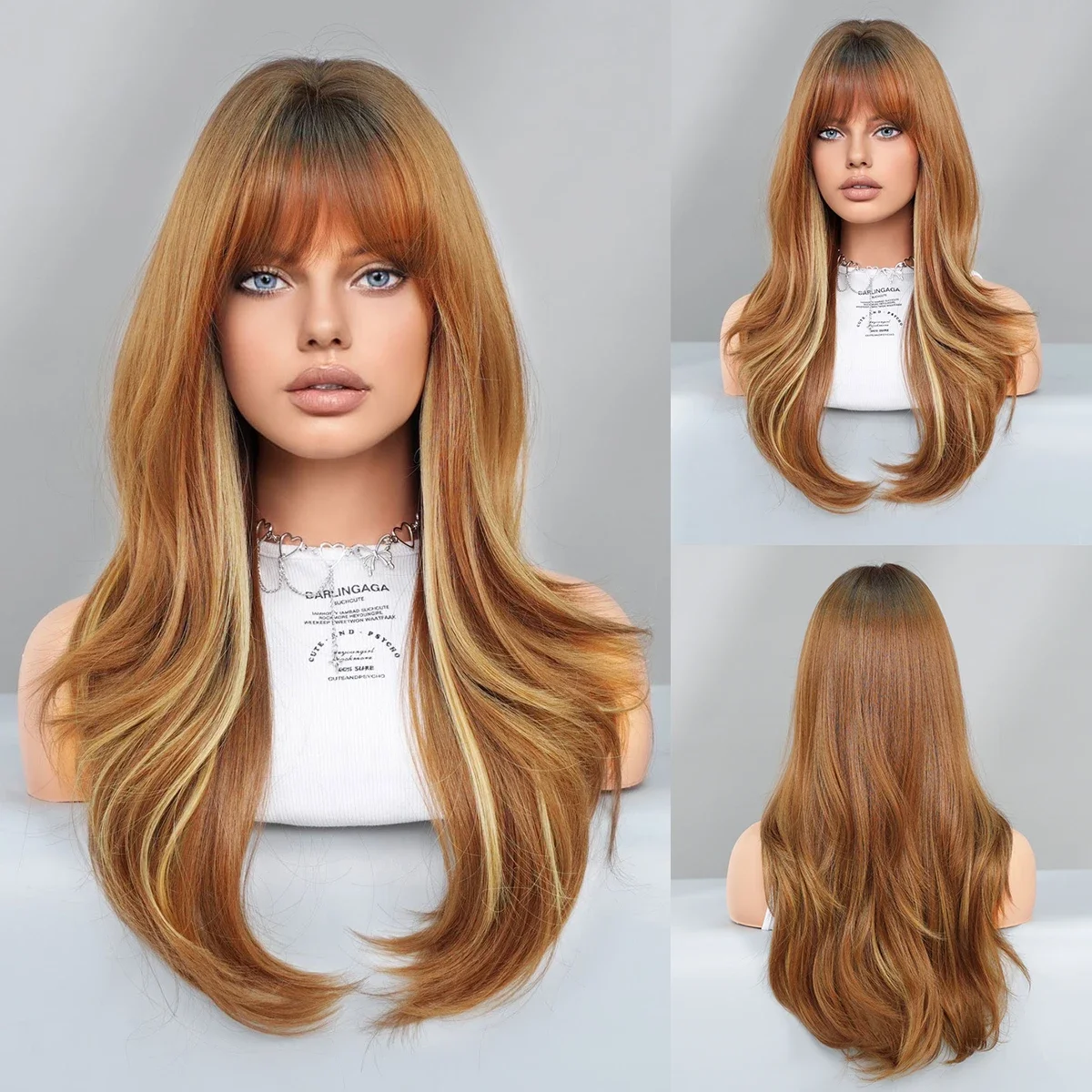 

PARK YUN Women Brown Wig Synthetic Curly Wig With Bangs Highlight Blonde Wigs For Female Daily Heat Resistant Natural Hair
