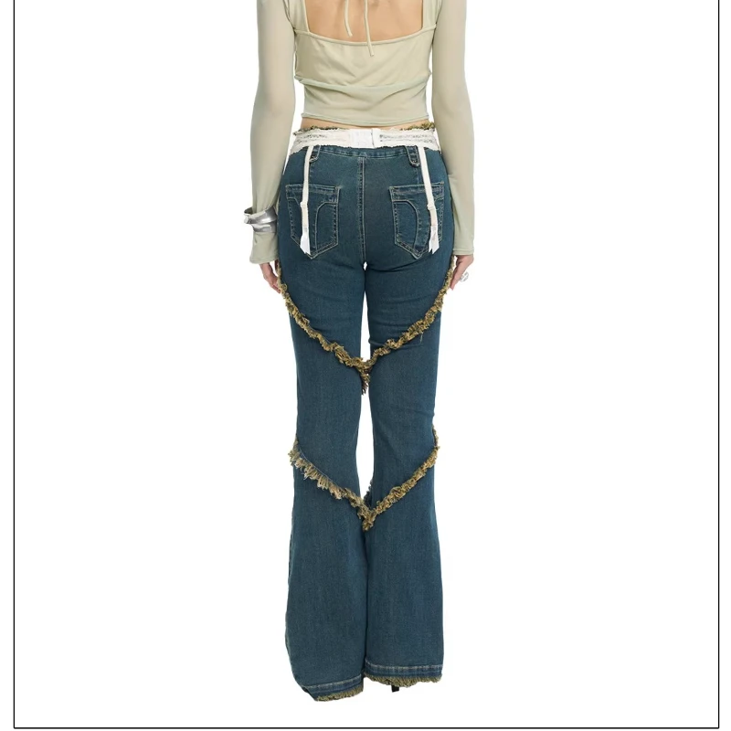 2025 Autumn New Dark Blue Slightly Stretch Slimming Burr Splicing Women's Flared Pants Vintage Design Versatile Jeans Ladies