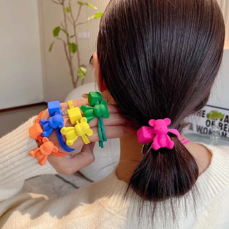 2023 New Spring Fluorescent Solid Color Bear Block Elastic Hair Band for Girl Children Cute Kawaii Fairy Hair Rope Tie Headwear