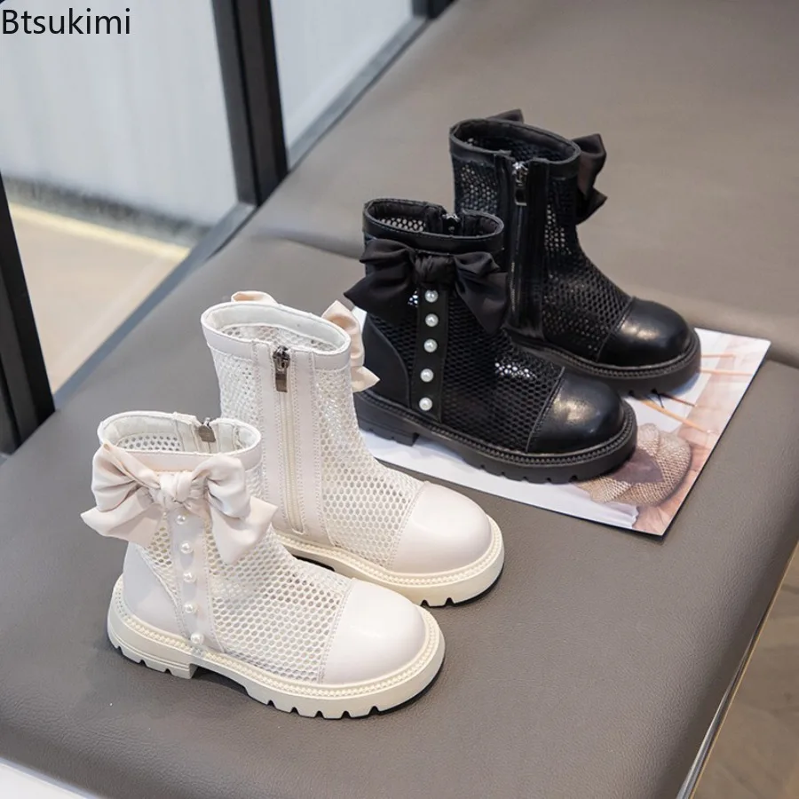 Summer Girl Boots New Fashion Princess Girl Shoe Versatile Mesh Breathable Long Boots Simple Retro Lightweight Leather Boots