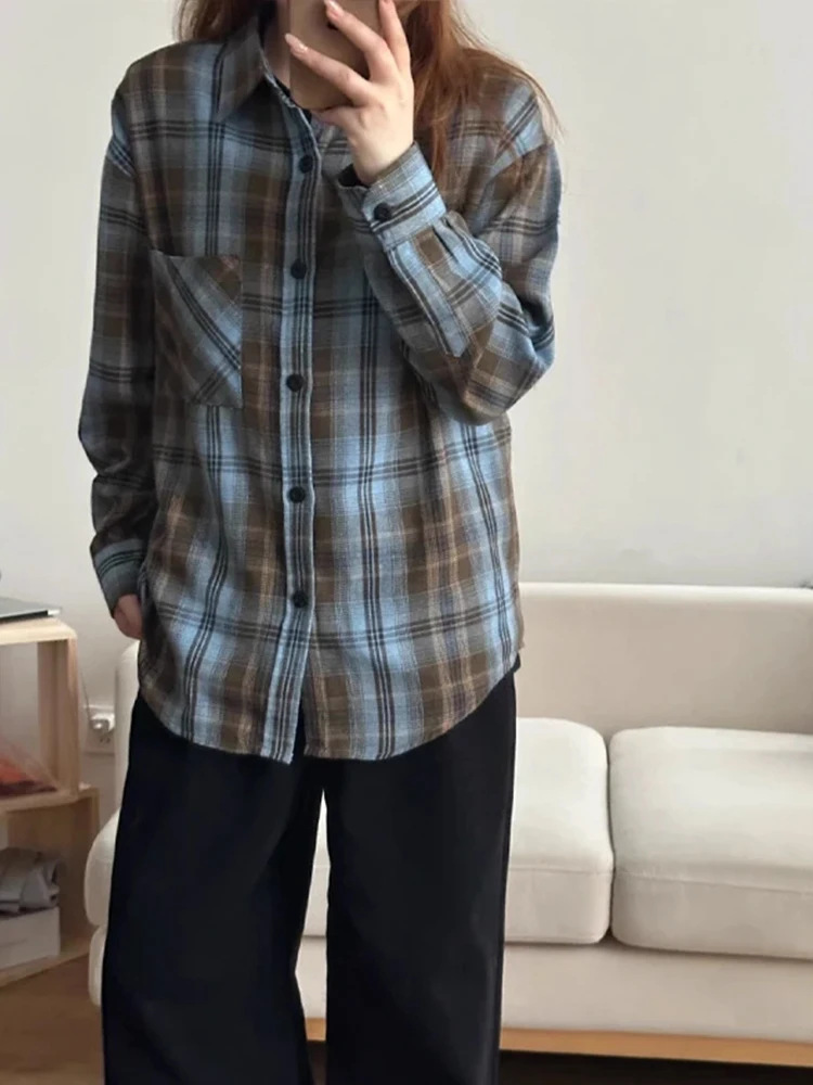 Retro Amerikaans geverfd blauw bruin geruit lang Sve irt casual veelzijdige bovenkleding voor heren herfstseizoen high-end gevoel versleten...