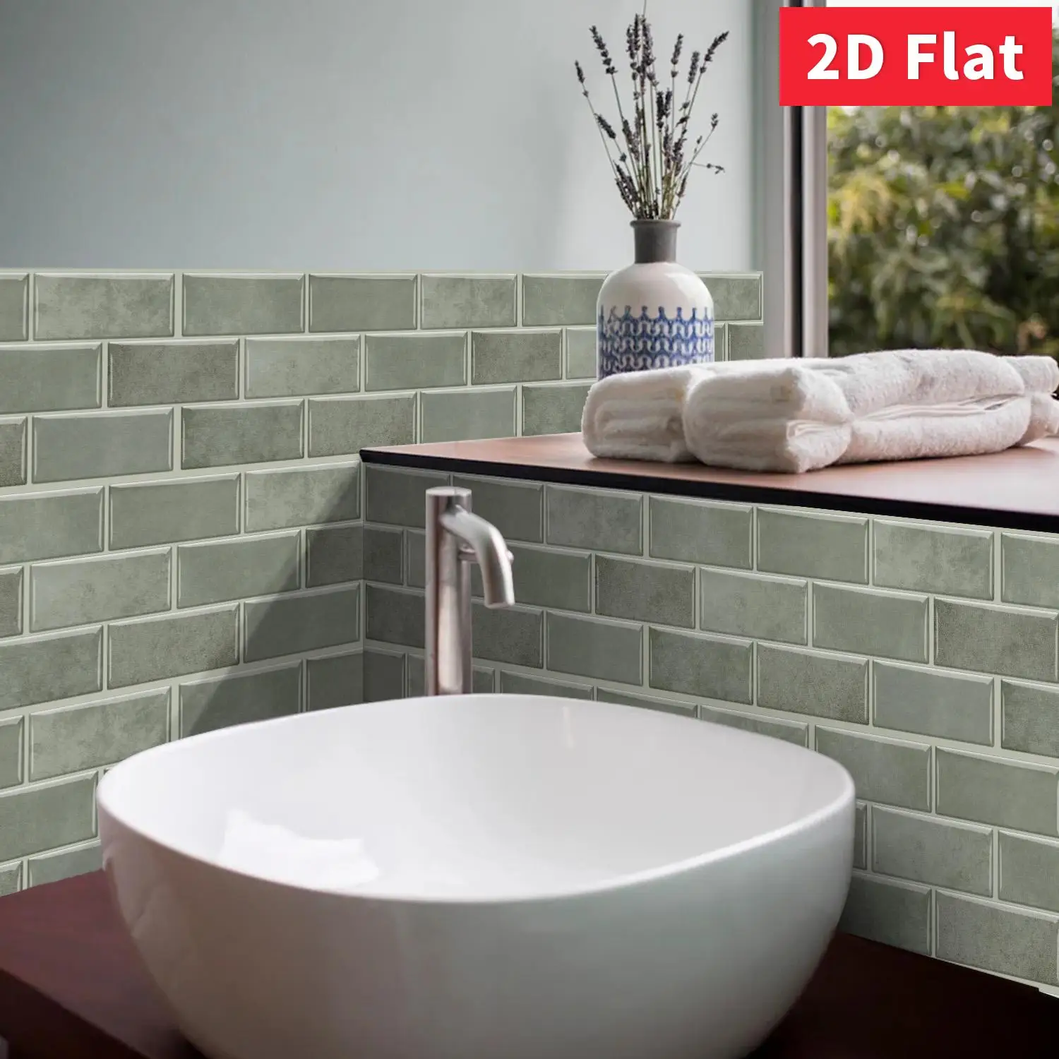Grey‑Green Brick Wall Sticker 30×15cm, Removable Self‑Adhesive Wall Decor for Smooth Surfaces