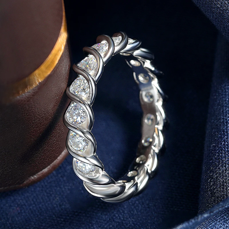 3mm Full Moissanite Eternity Band Plated 18K White Gold D VVS1 Lab Diamond 925 Sterling Silver Waterproof Wedding Ring for Women
