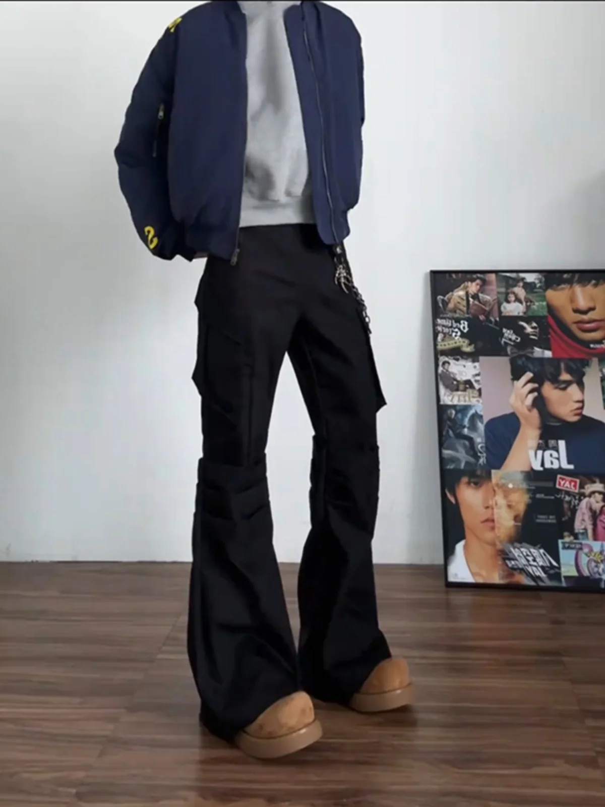 Cleanfit Men's Casual Flared Work Pants Black Large Pocket Wide Leg American High Street Fashion Trousers Trendy Long Pants
