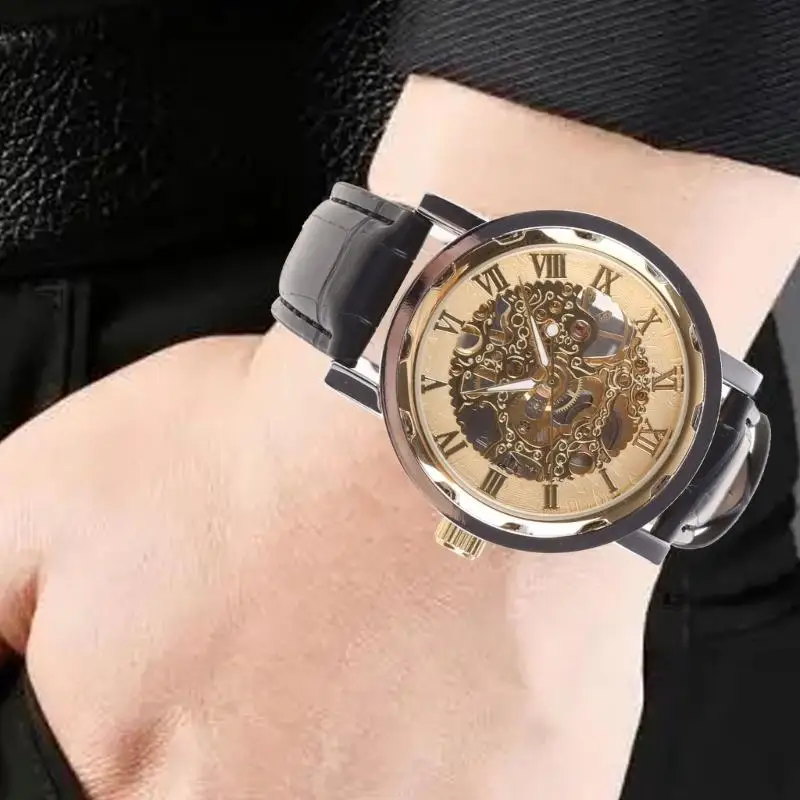 31BB Mens Leather Gold Skeleton Mechanical Sport Wrist Watch