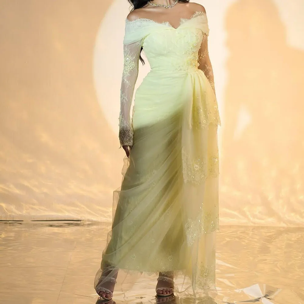 Customized A-line Evening Dresses Floor-length Off The Shoulder Full Sleeve Prom Gown Fashion Lace Sequined Draped Party Gown