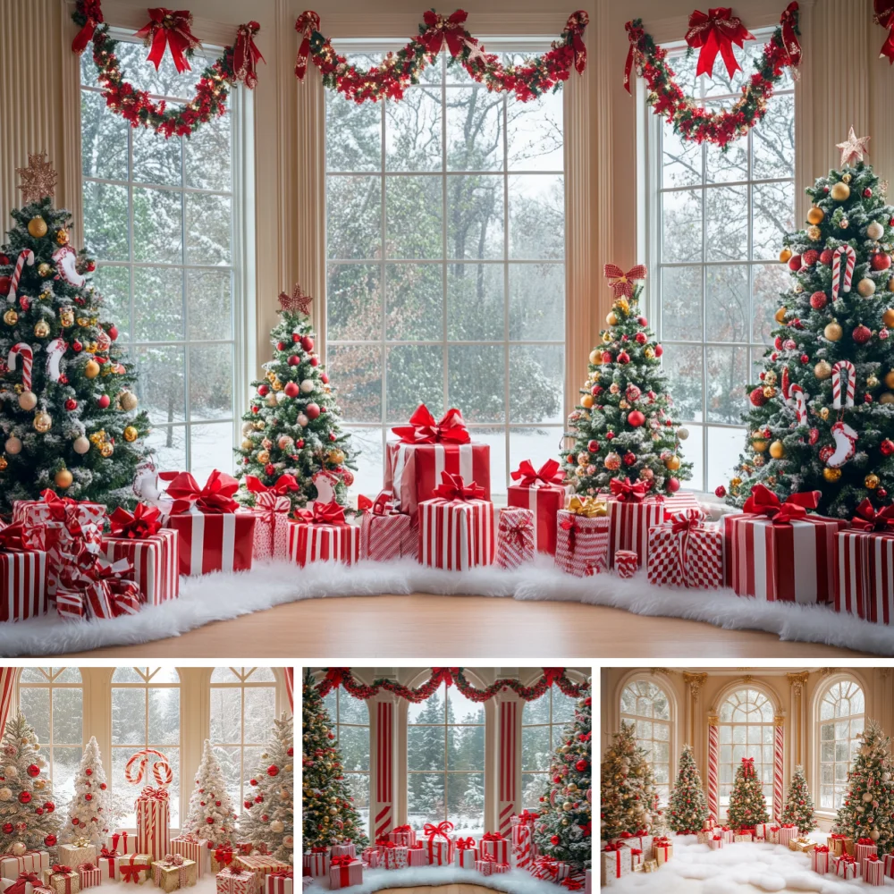 Indoor Red White Christmas Scene Backdrop Snowy View Window Pine Garland Decorated Pine Tree Red Stripe Gift Photo Background