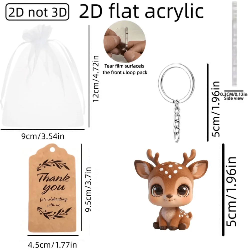 6 Sets Cute Deer KeyChain 6pcs 2D Acrylic Keychains 6pcs Thank You Cards 6pcs Organza Bags Holiday Pendant Decor Party Souvenir