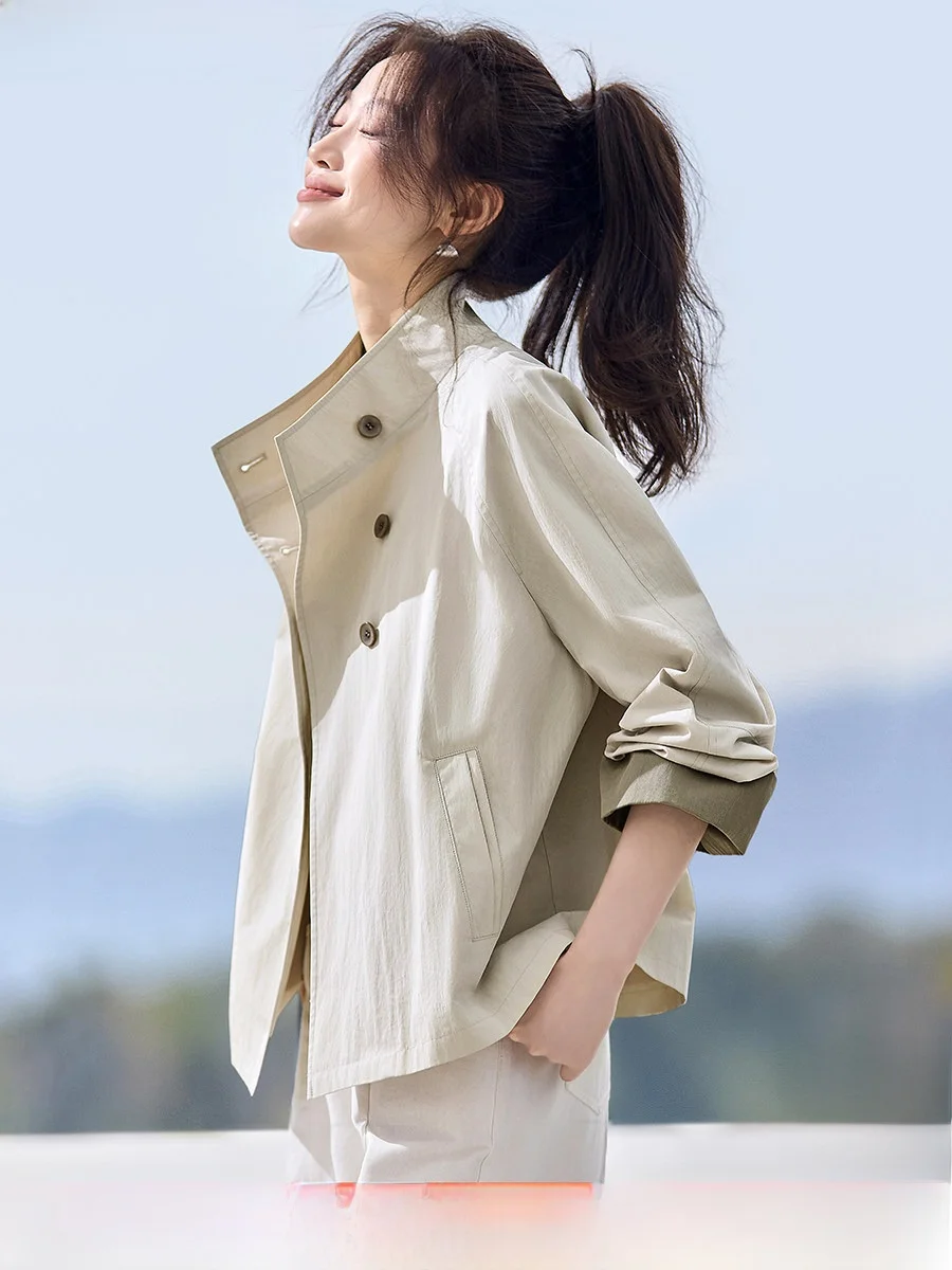 

Mehaimei Korean Sle ort Stand Collar Smooth Cut Women's Jaet Spring 2026 New Arrival Cotton Nylon Fiber Seven Sve