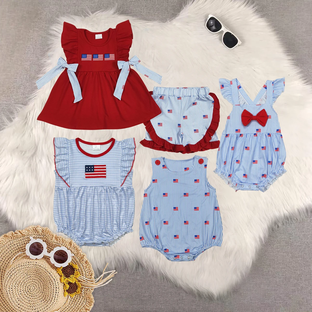 

GSSO2375 Wholesale baby girl clothes embroidery National Day flag flying Sleeve Shorts sets Summer Boutique kids clothes girl
