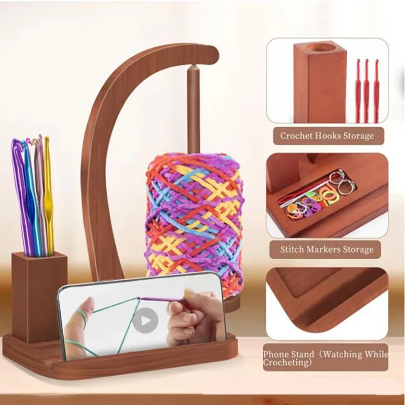 In Stock Wooden Rotating Yarn Holder Solid Wood Suspension Spinning Yarn Dispenser Desktop Knitting Thread Storage Rack for Croc view 4