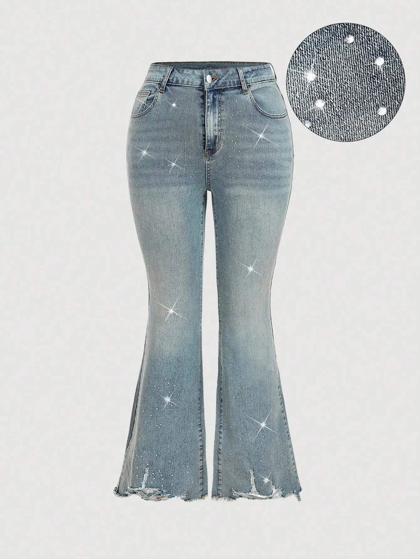 

Джинсы-клеш больших размеров со стразами и потертостями по низу, повседневные летние джинсы для женщин