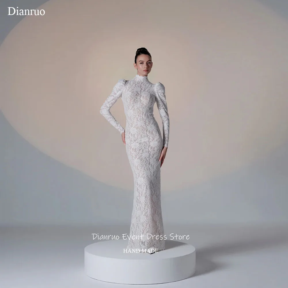 Dianruo – Robe De soirée en dentelle, fente haute, épaules bouffantes, avec des Appliques, moulante, manches longues, personnalisée