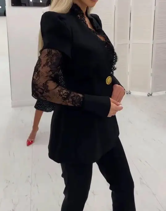 Damen-Anzugmantel, Pendler-Wimpern-Spitzenbesatz, tiefer V-Ausschnitt, Puffärmel, einreihiger Mantel, Spitze, gespleißte Taille, A-Linie, Blazer-Mantel