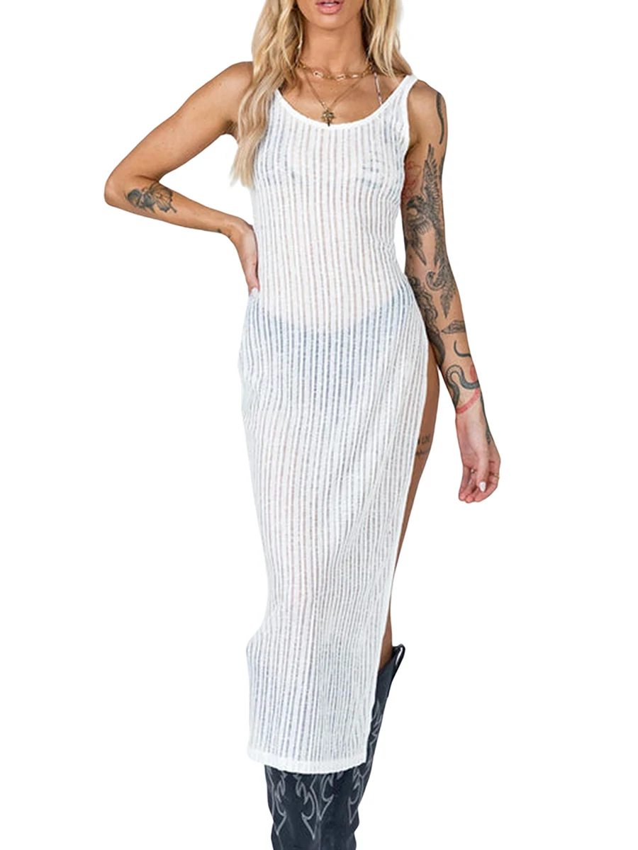 Dames Ronde Hals Mouwloze Tank Bodycon Geribbeld Gebreide Kant Zit Knielengte Potlood Midi Jurken